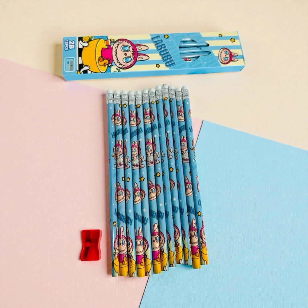 LABUBU Blue Pencil Set includes 12 "2B" Pencil & Sharpener